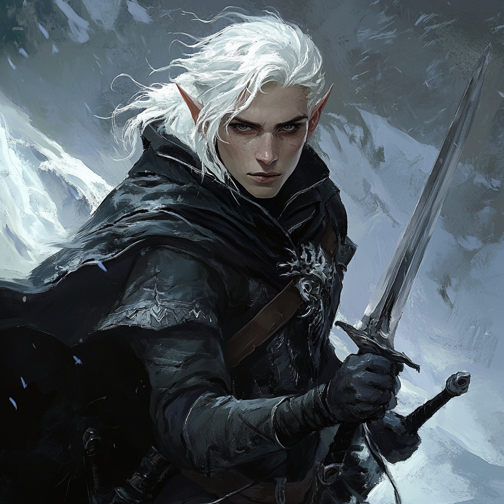 Skillful winter elf with icy hair holds daggers gracefully.