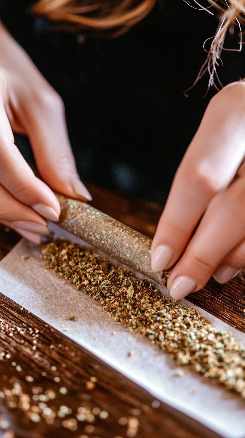 Skillful woman meticulously crafting cannabis joint with flawless technique.