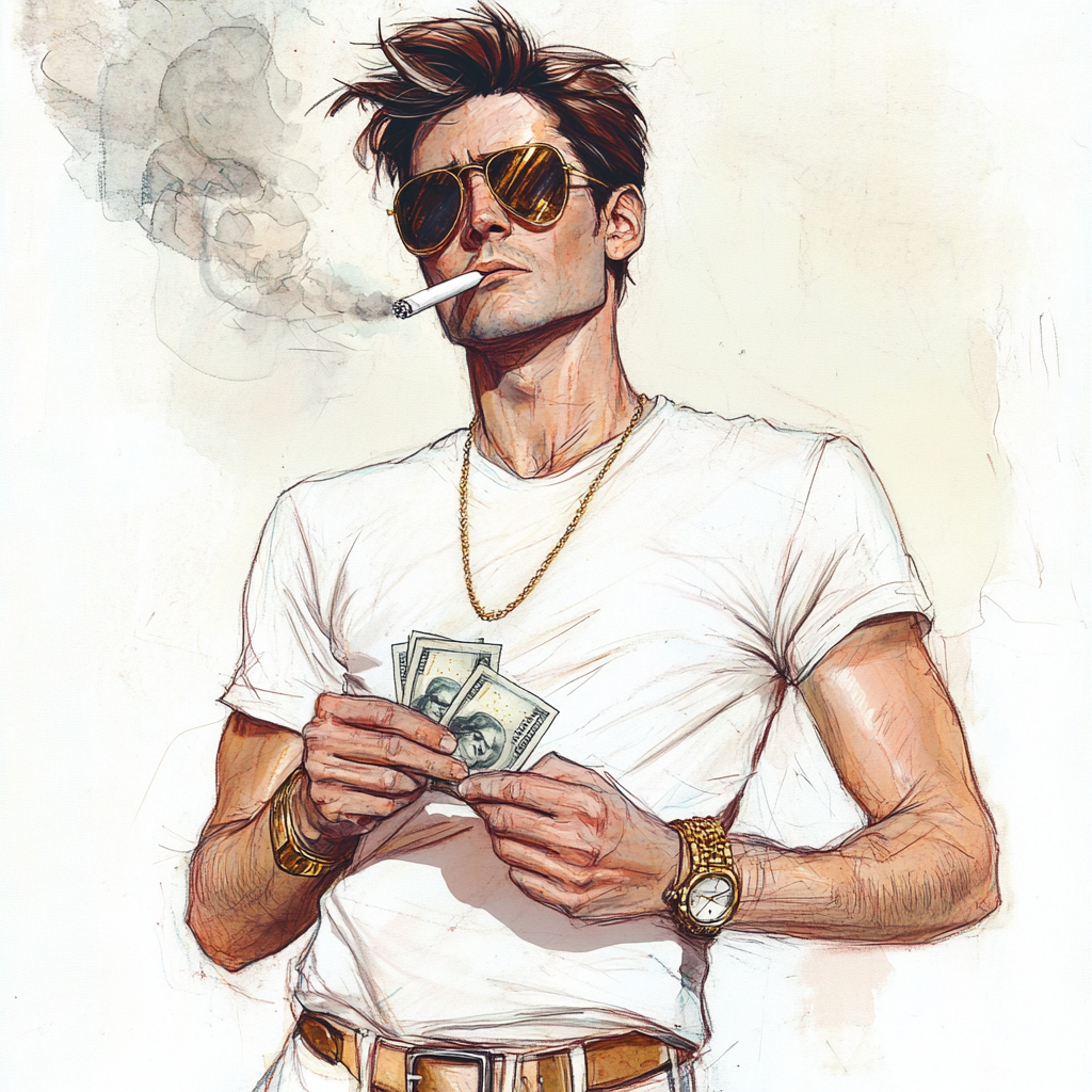 Skinny British Scientist in Aviator Shades Counting Money