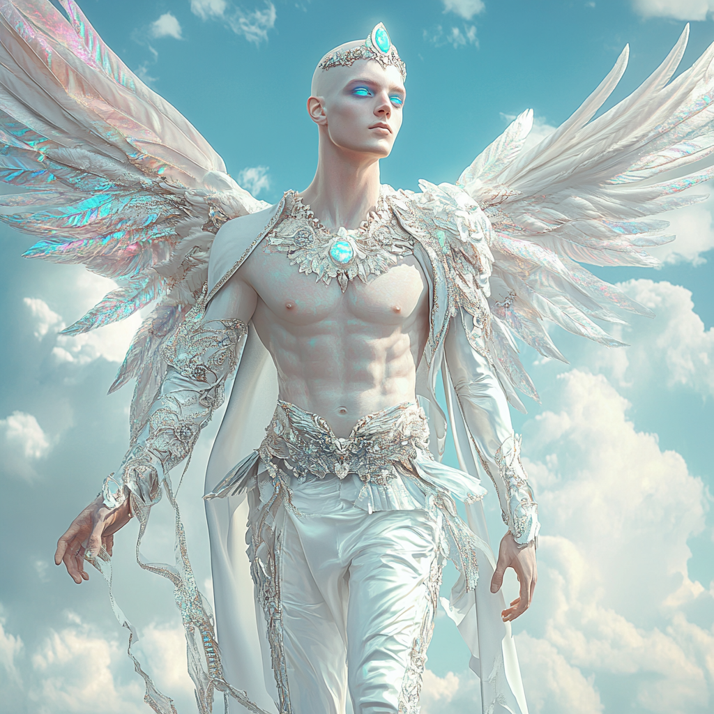 Skinny male Angel with Opal crown, blue eyes. Sky background.