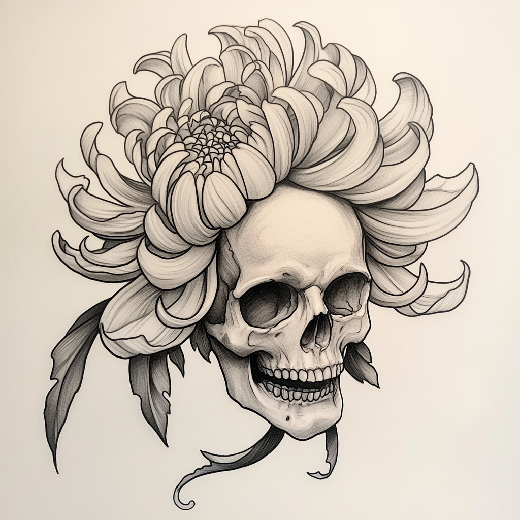 Skull and Flower Tattoo in Black and Grey