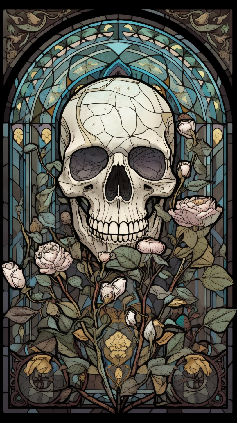 Skull and roses stained glass with pastel colors.