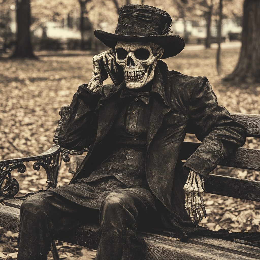 Skull-face gentleman with hat on phone in park 