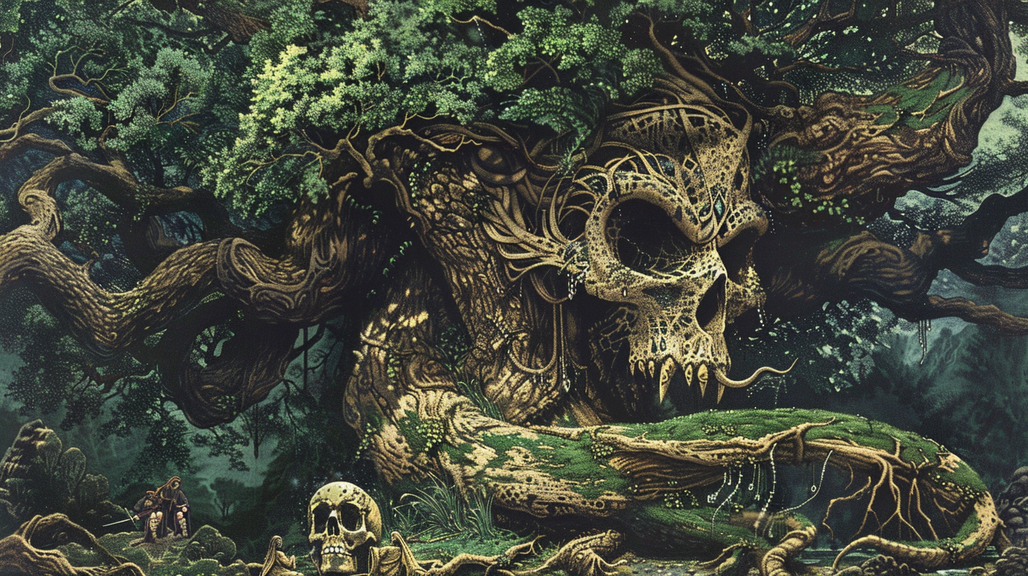 Skull-headed serpent coils around tree, druids kneel nearby.