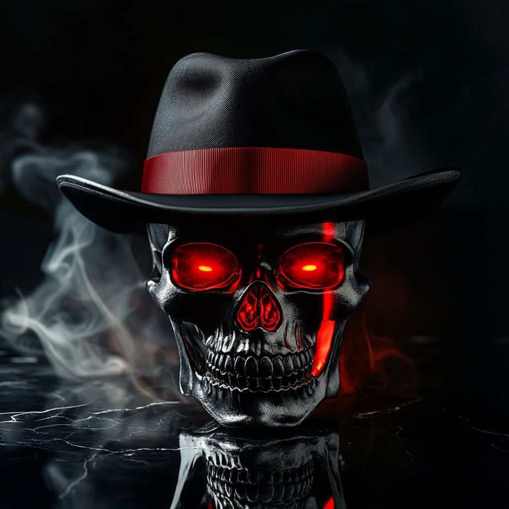 Skull wearing Fedora hat with red eyes, smoke cinematic.