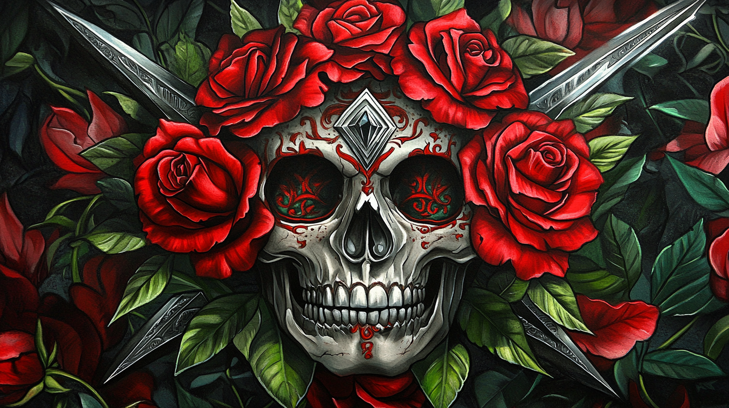 Skull with red roses and silver swords illustration.