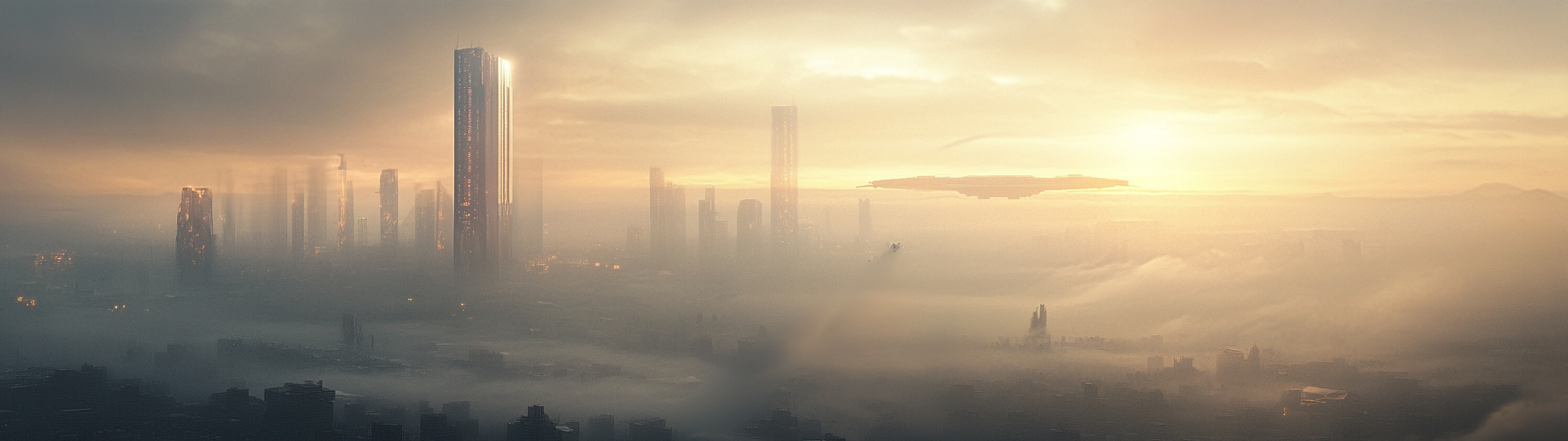 Skyscrapers outlined by foggy background lighting, ghostly appearance.