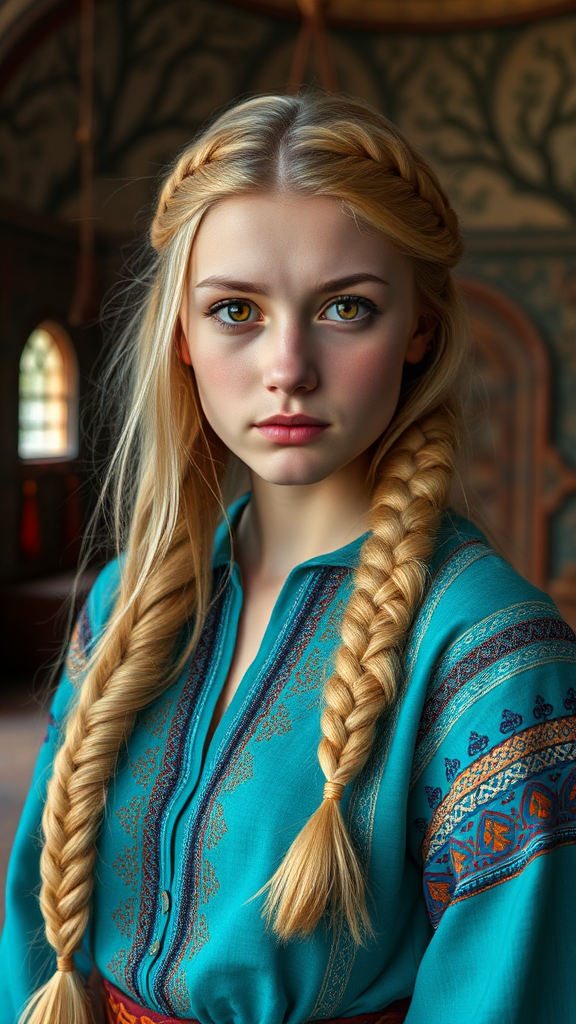 Slavic Beauty in Turquoise Sarafan Indoor Portrait