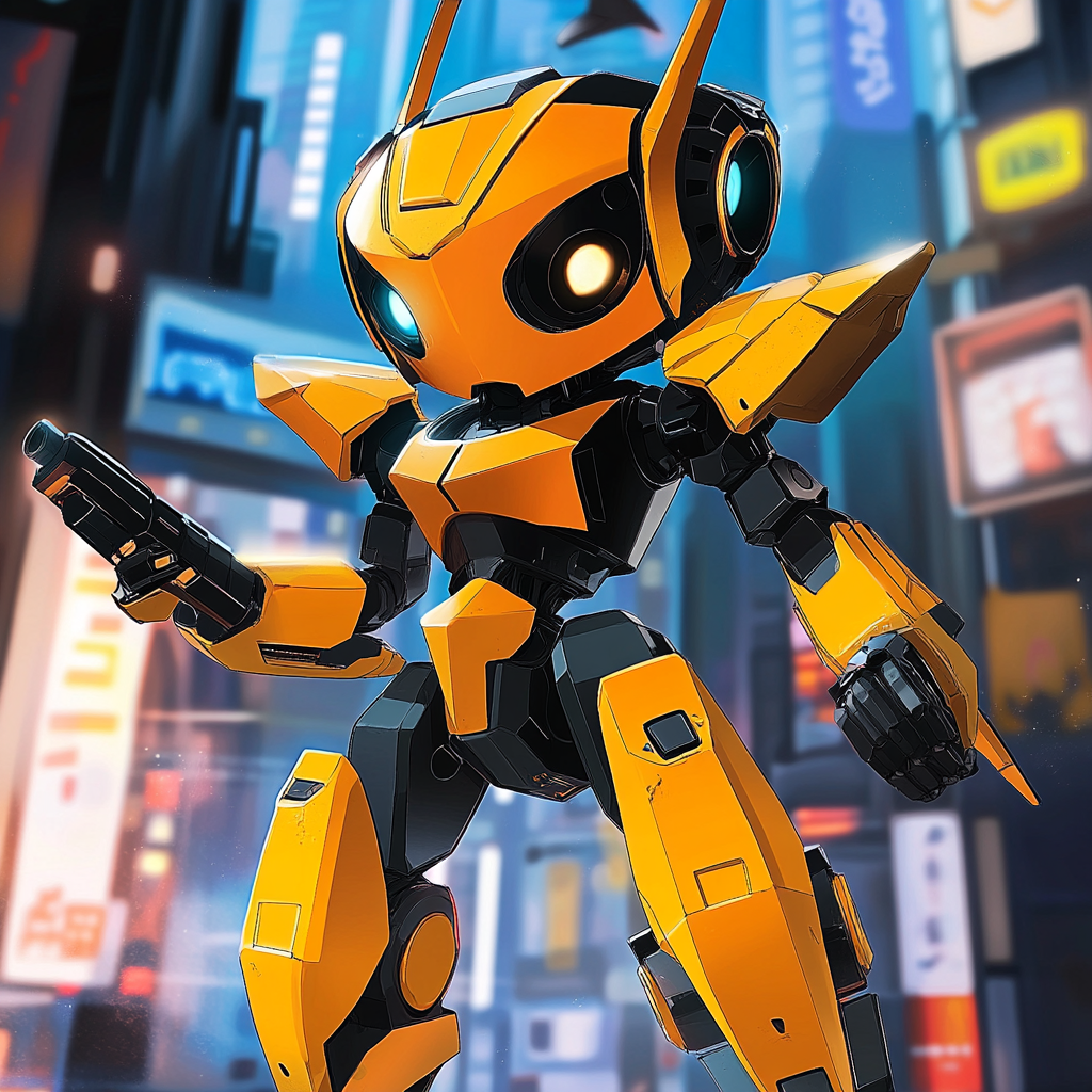 Sleek, golden yellow and black combat robot design.