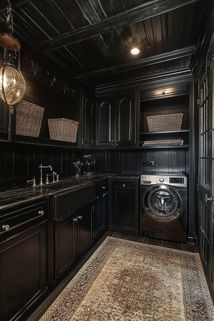 Sleek, gothic laundry room with silver accents and shadows.