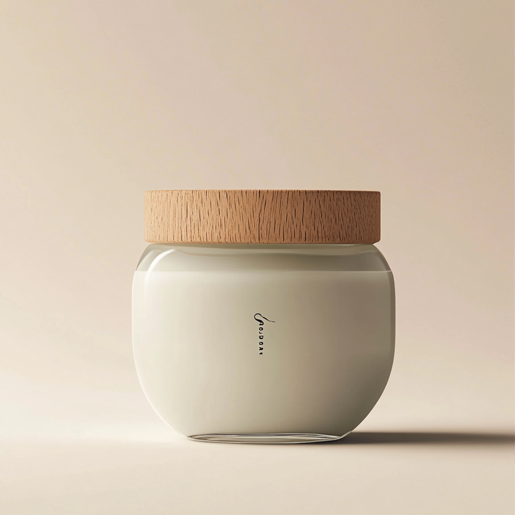 Sleek, minimalistic packaging for all-natural, organic crème. Beige-green.