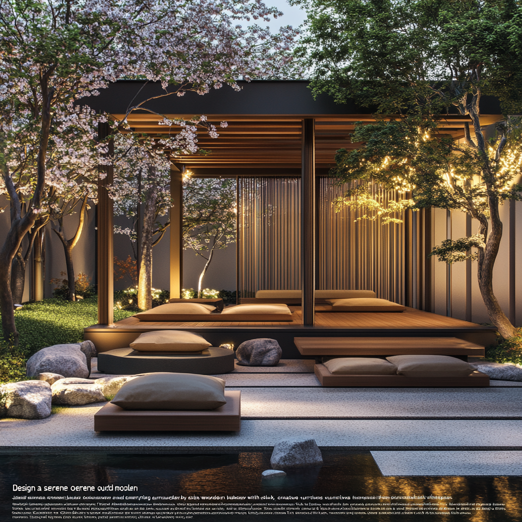 Sleek, modern Japanese outdoor oasis with cherry blossoms.