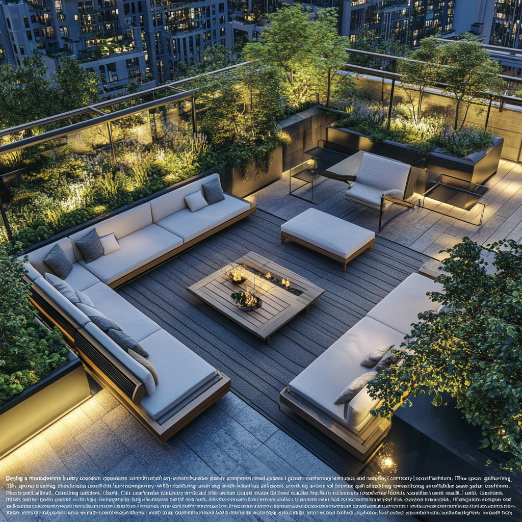 Sleek, modern rooftop garden with stylish furniture and lighting.