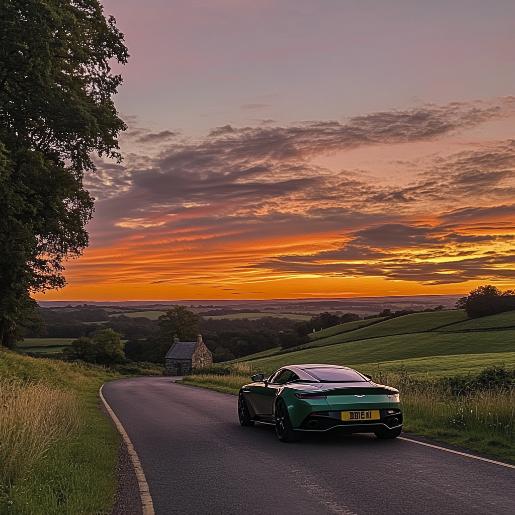 Sleek Aston Martin on British road at sunset