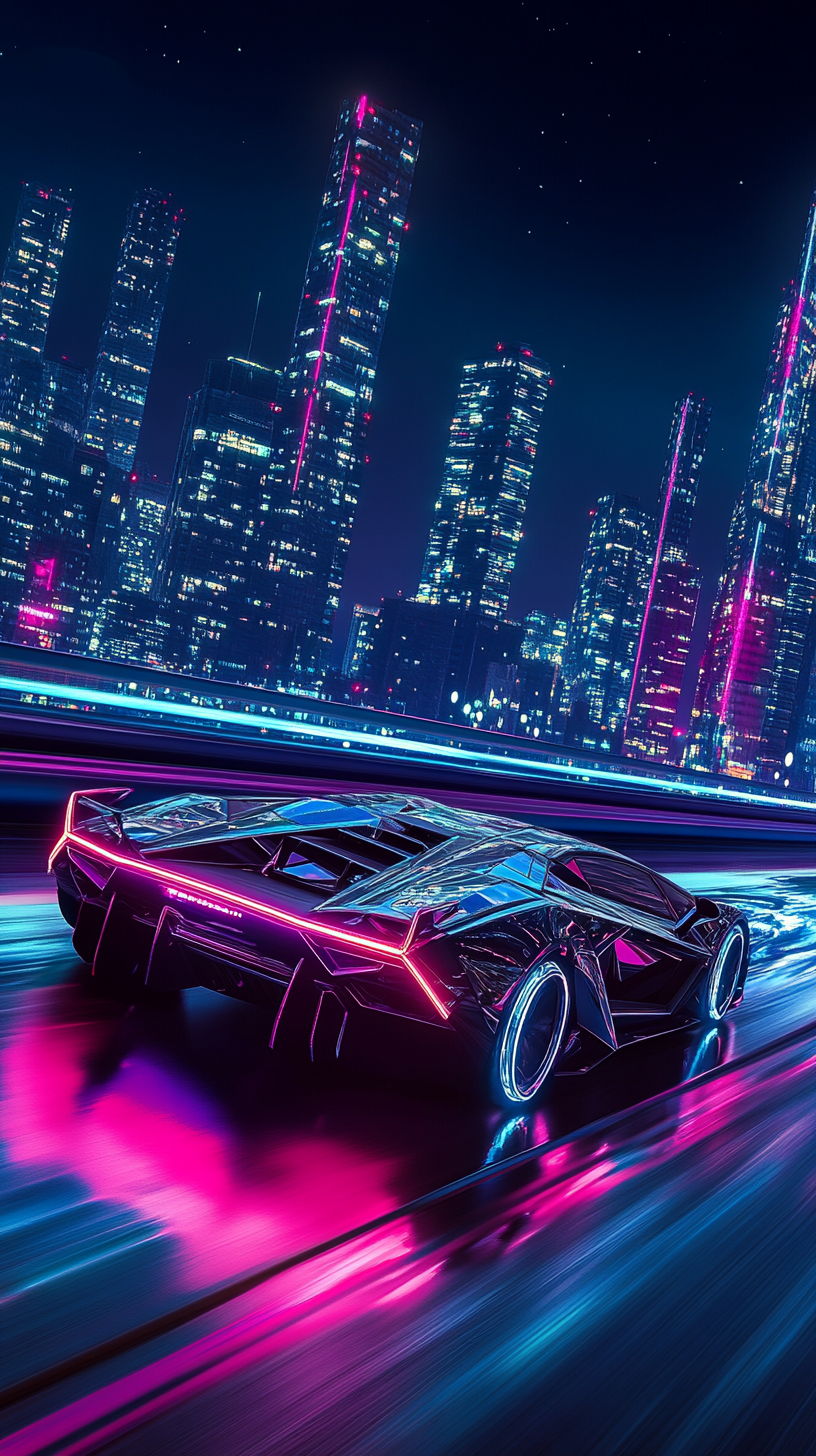 Sleek Lamborghini speeding on neon highway in cyberpunk city.