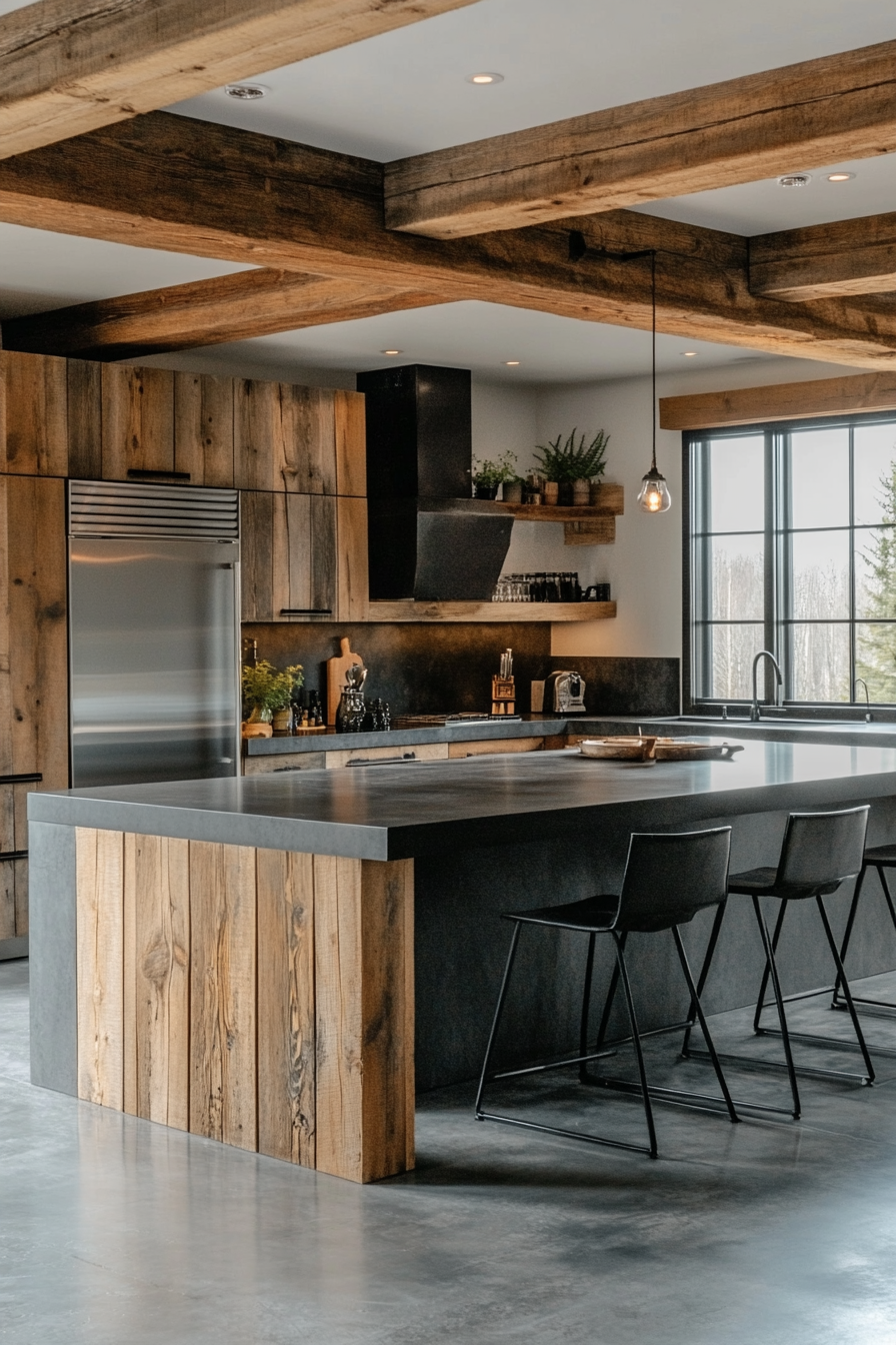 Sleek Rustic Retreat Kitchen with Polished Concrete Floors