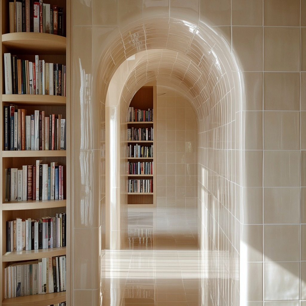 Sleek archway, glossy ceramic tiles, modern and elegant.