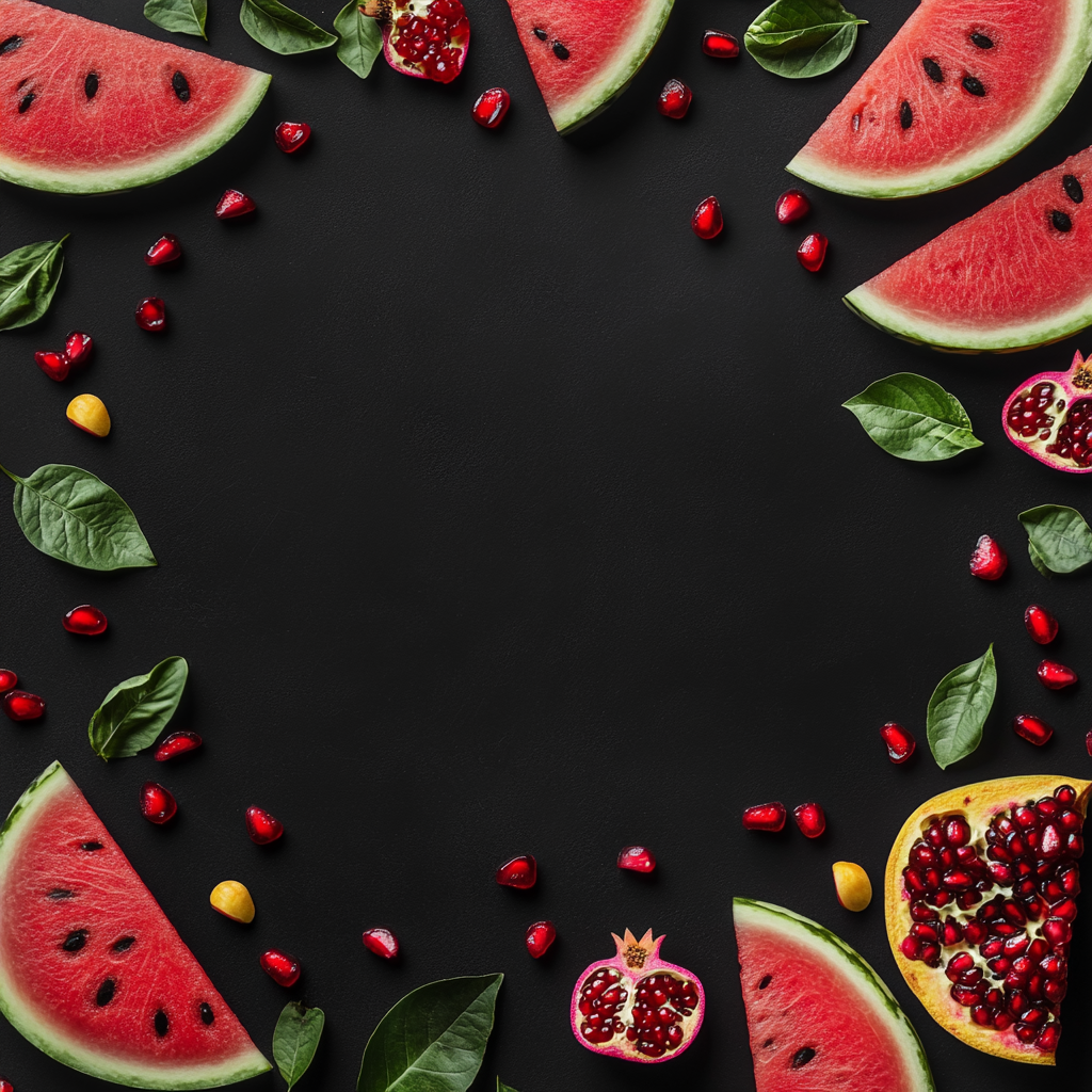 Sleek black background with vibrant watermelon and pomegranate.