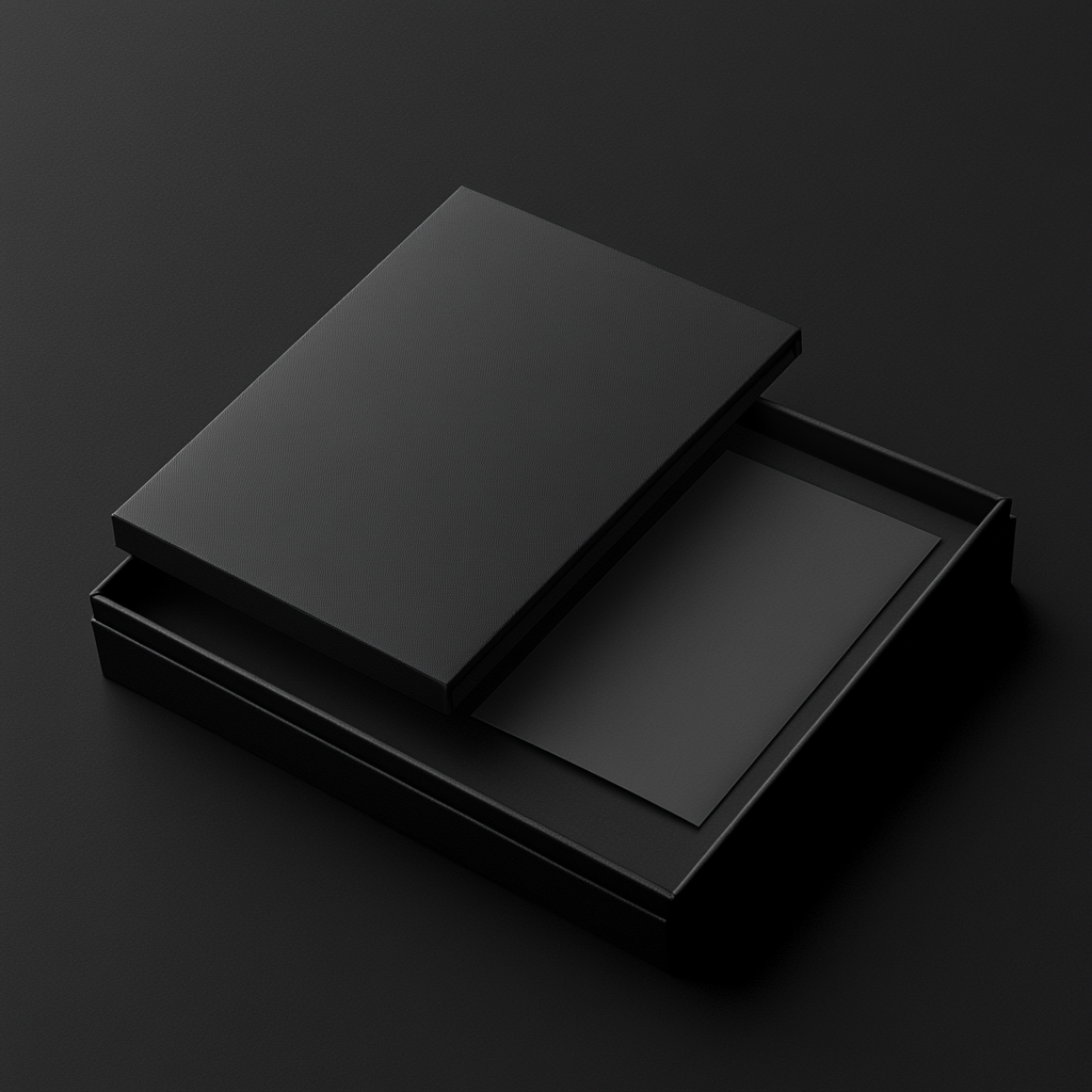 Sleek black box with premium envelope inside.