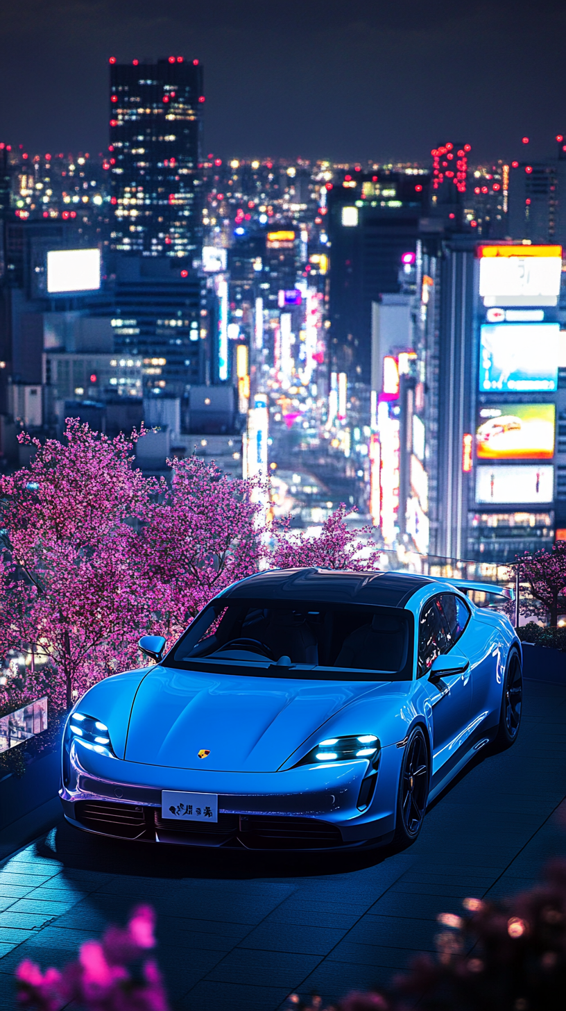 Sleek blue Porsche Taycan in Tokyo rooftop garden at night.