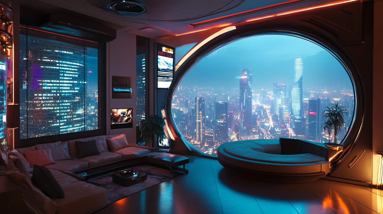 Sleek cyberpunk apartment with circular lounge and city view.