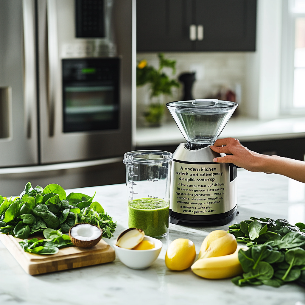 Sleek modern kitchen with green smoothie preparation 