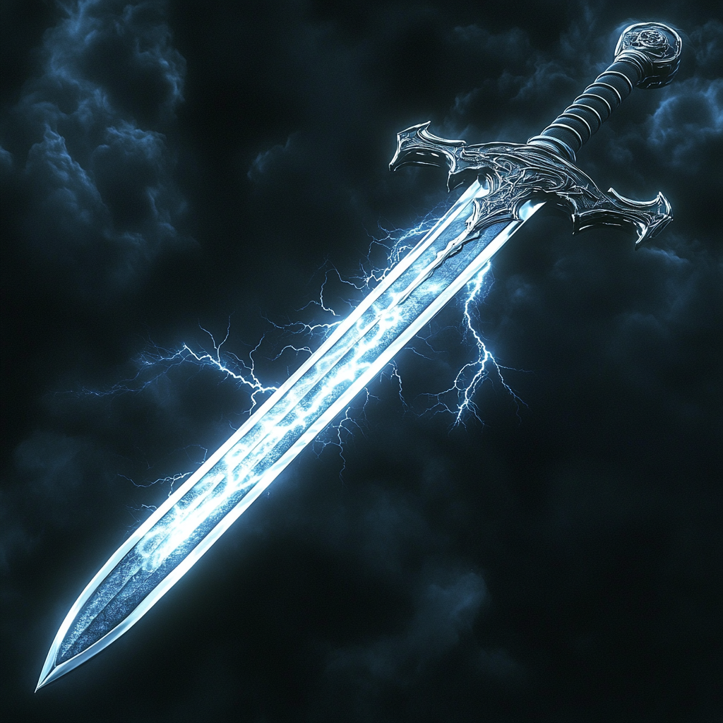 Sleek silver longsword with storm cloud hilt and pommel.