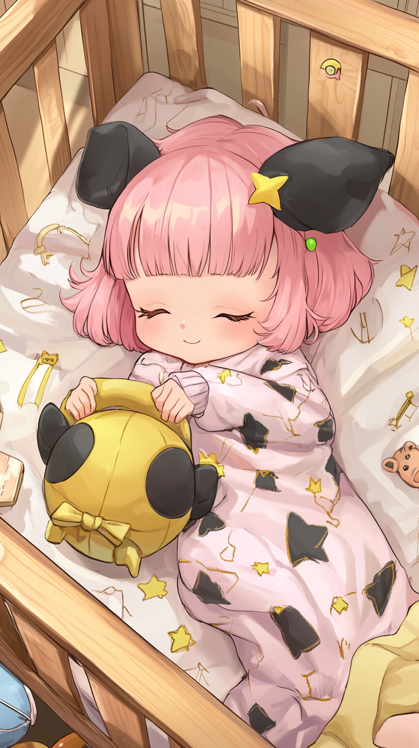 Sleeping Baby Anya in chibi style with Chimera doll.