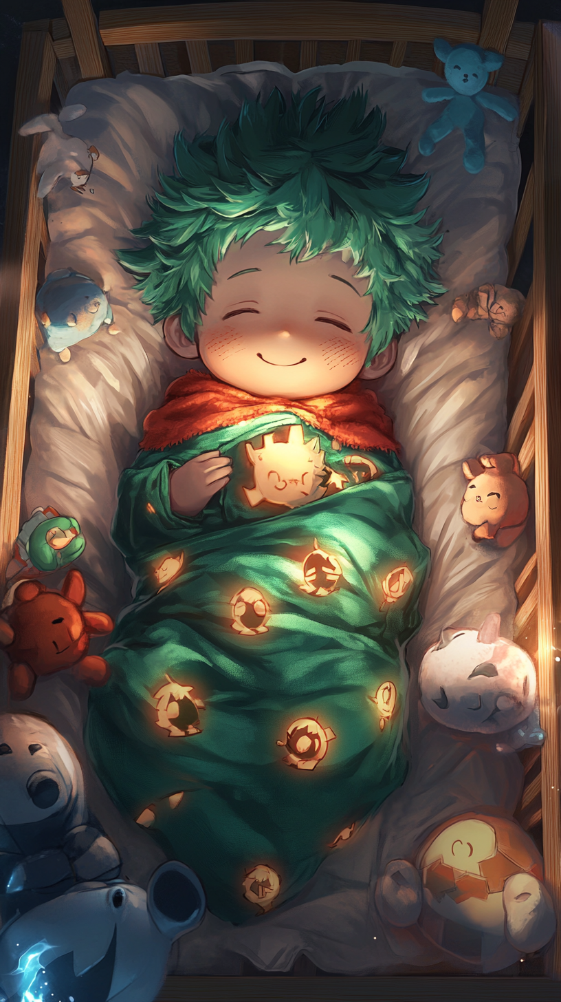 Sleeping Baby Deku in 'uwu' style with hero toys.