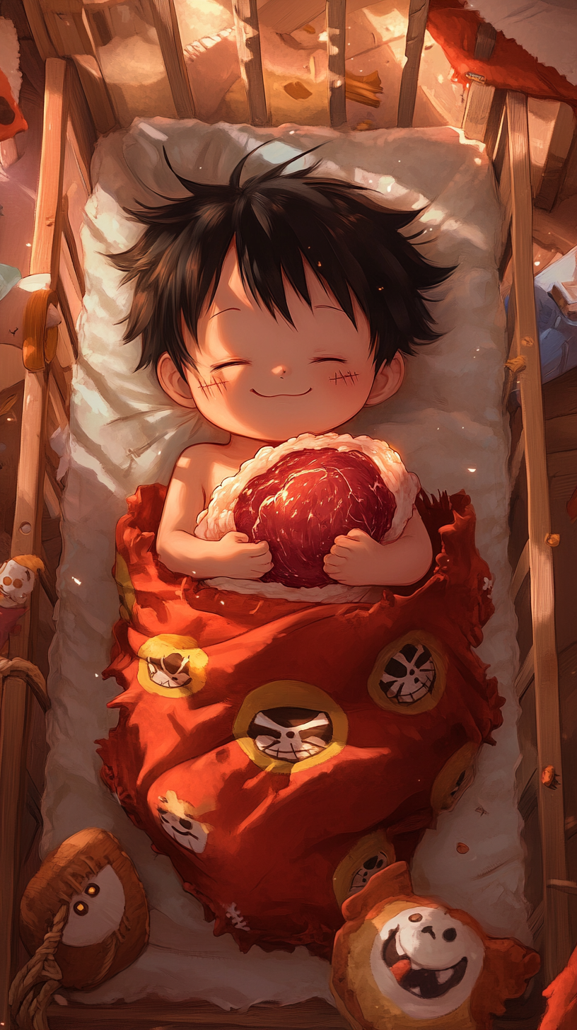 Sleeping Baby Luffy in 'uwu' style surrounded by toys.