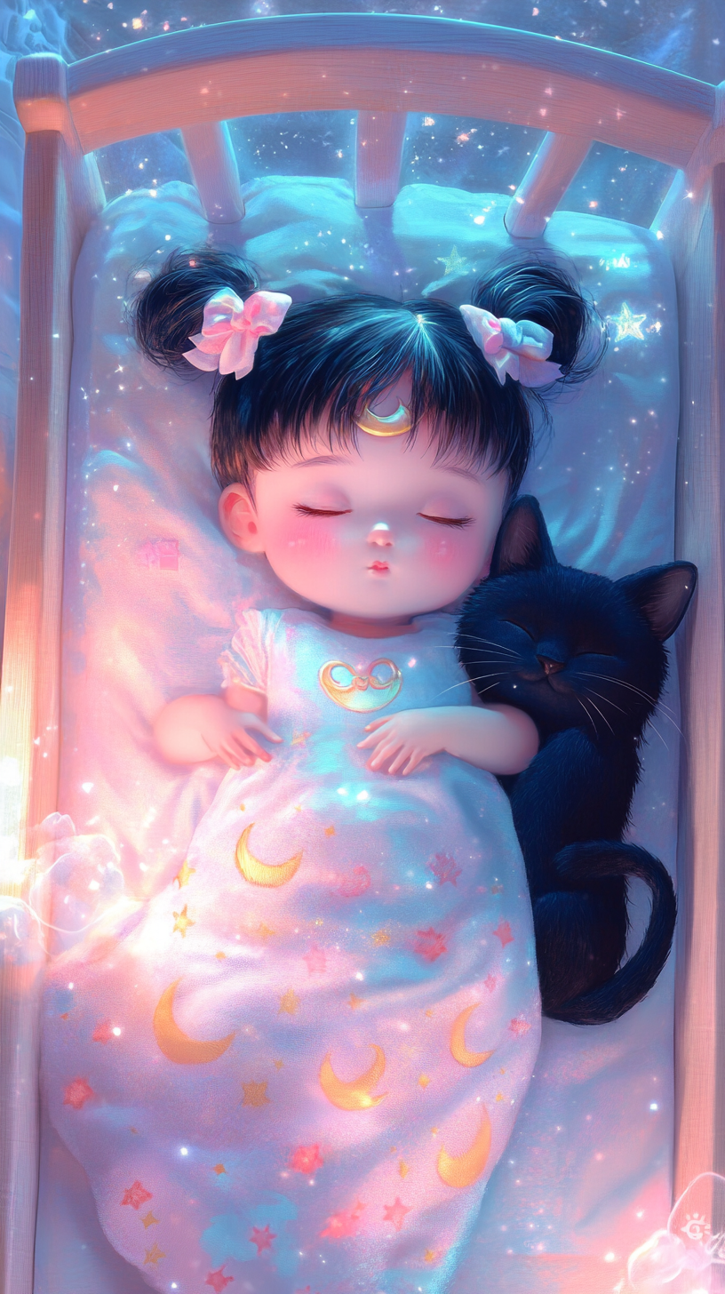 Sleeping Baby Sailor Moon in 'uwu' style with Luna.