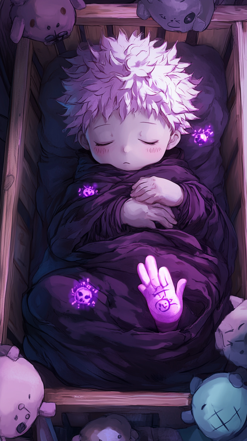 Sleeping Baby Sukuna in cozy crib with plush toys.