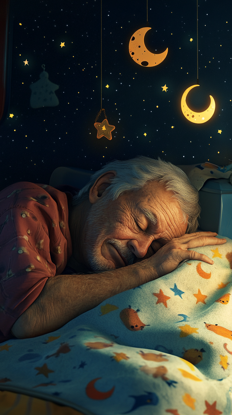 Sleeping Grandpa in Cartoon Bedroom under Moon Stars