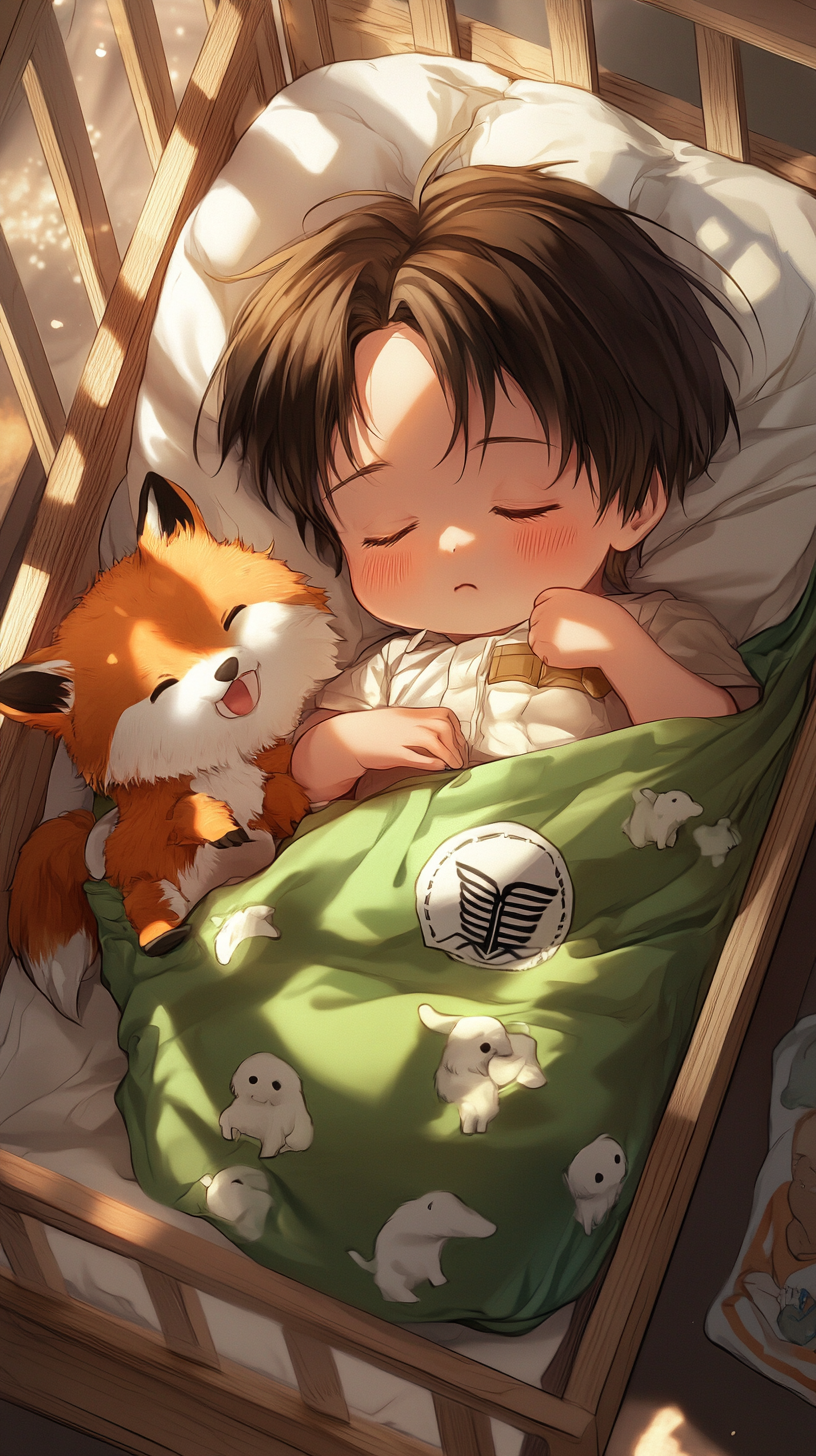 Sleeping baby Eren in cute 'uwu' style with plushies.