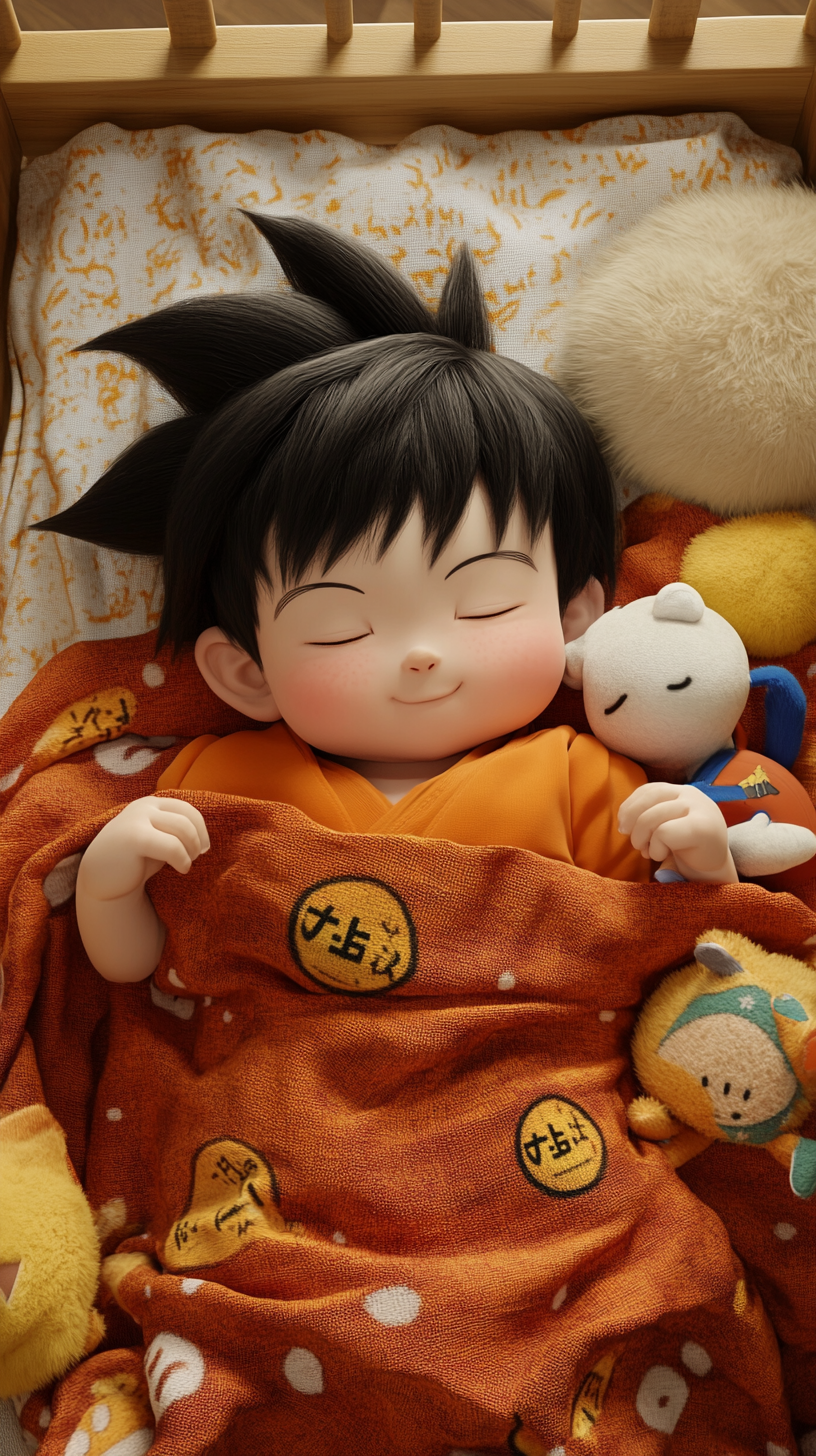 Sleeping baby Goku in cute crib with plush toys.