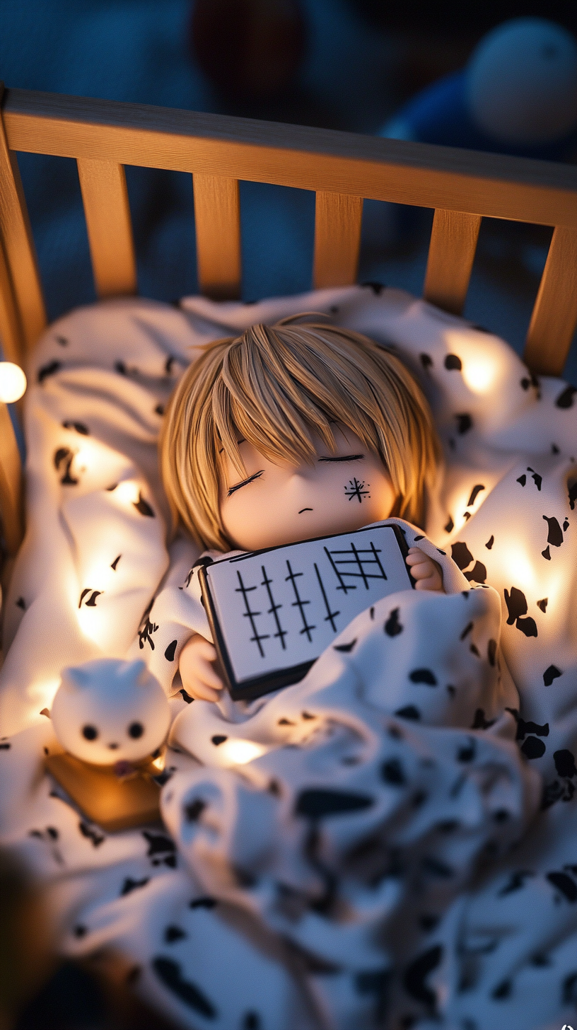 Sleeping baby Light Yagami with plush Death Note toys.