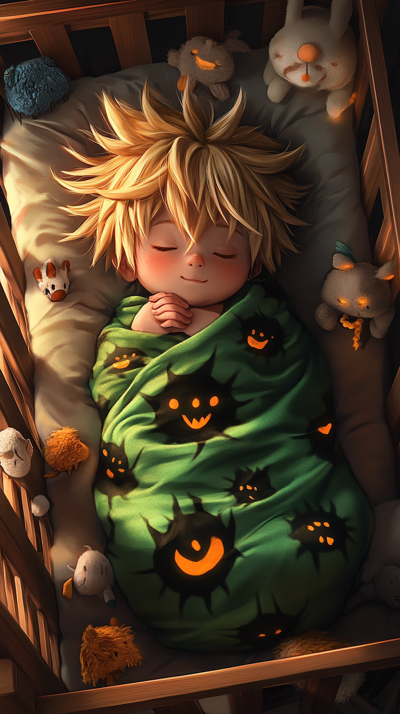 Sleeping baby Meliodas, surrounded by cute plush toys.