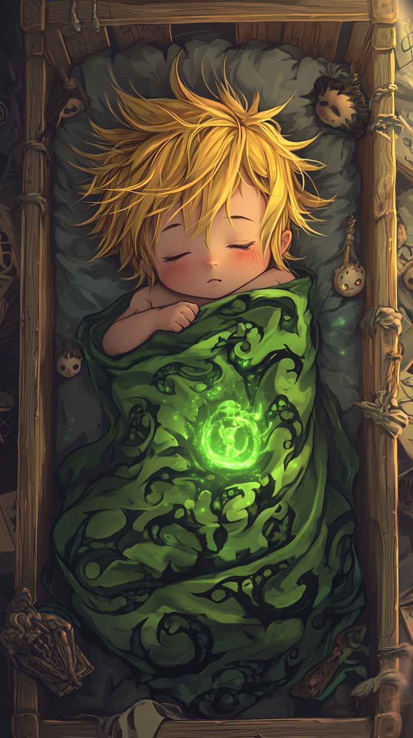 Sleeping baby Meliodas in chibi style, cuddling plush sword.