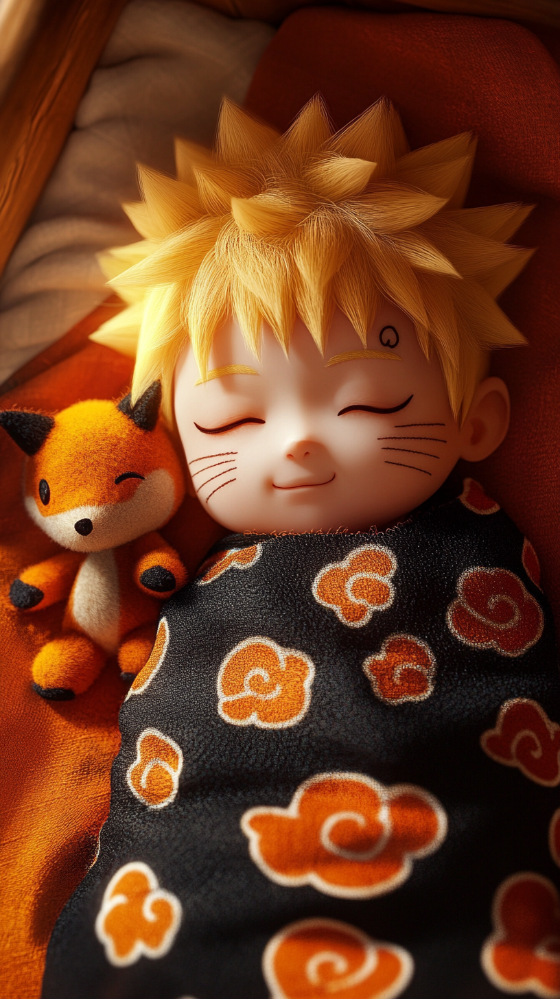 Sleeping baby Naruto cuddling with plush Kyubi toy.