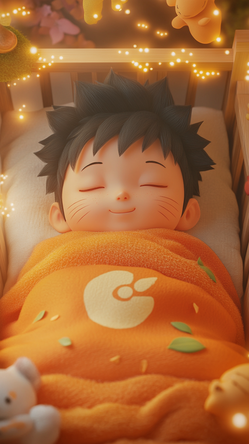 Sleeping baby Naruto in cute crib surrounded by toys.