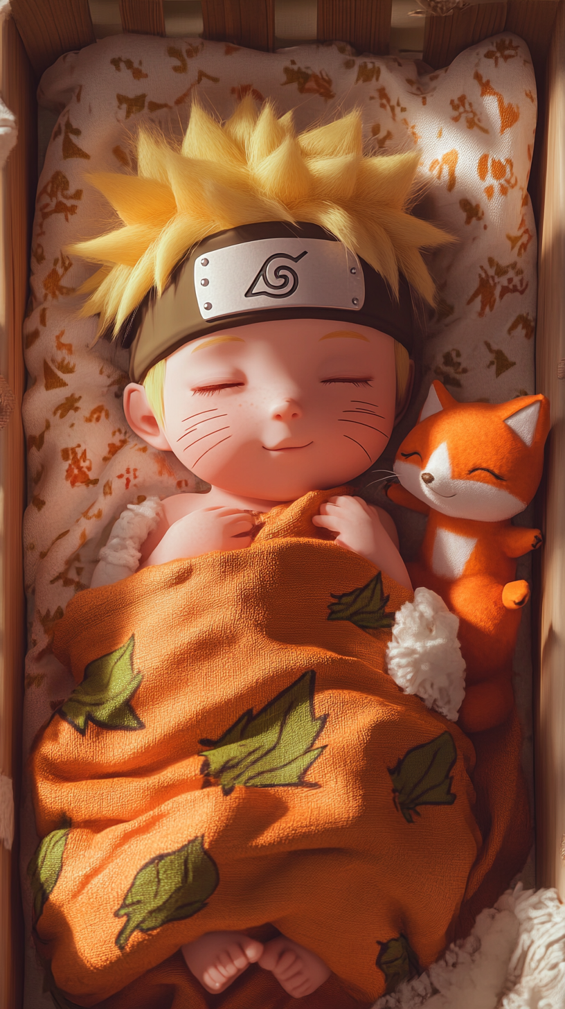 Sleeping baby Naruto surrounded by soft plush toys.