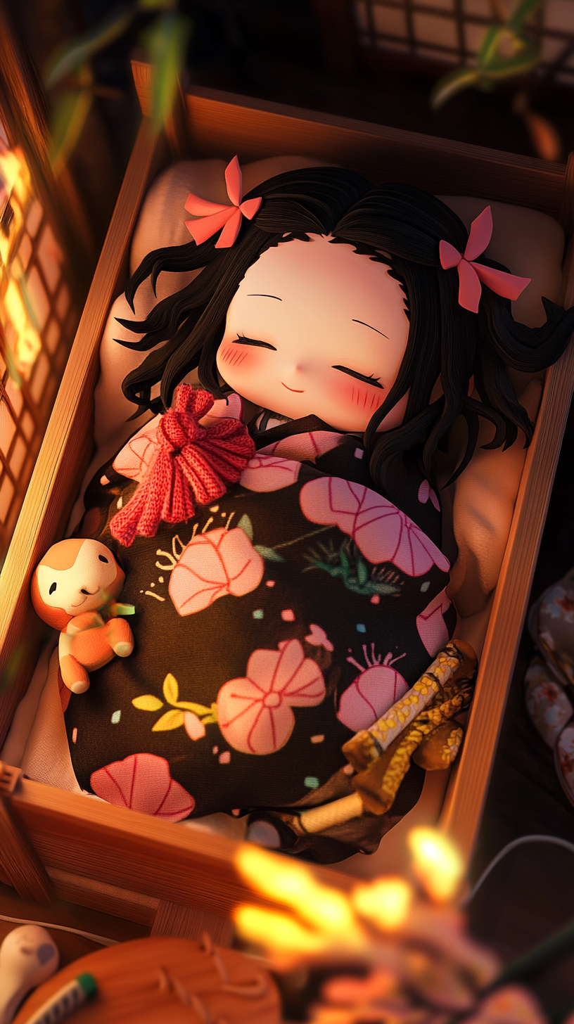 Sleeping baby Nezuko in cute crib surrounded by plush toys.