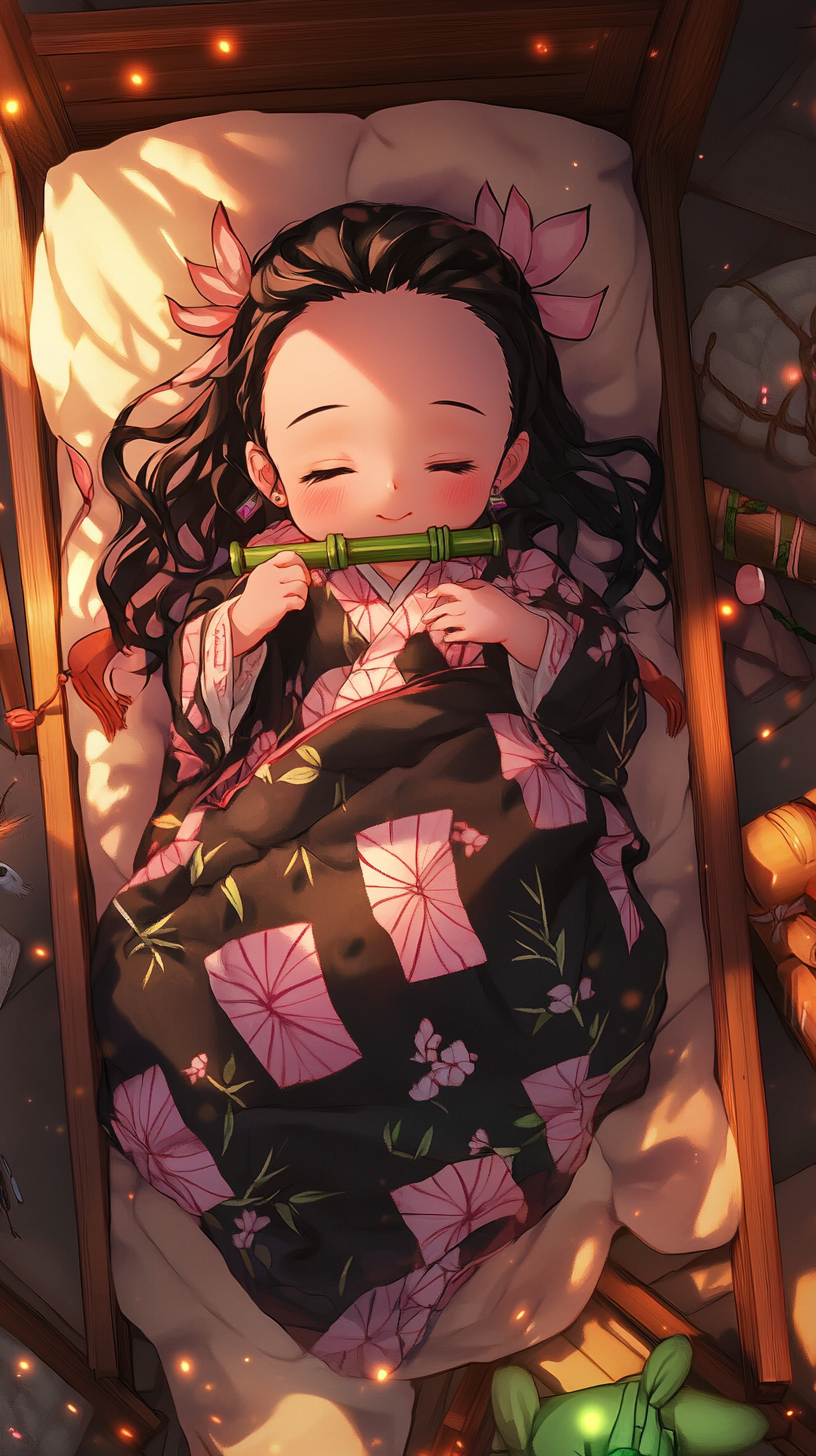 Sleeping baby Nezuko in cute crib with demon symbols.