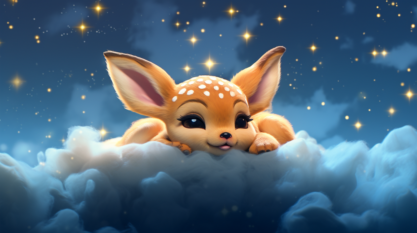 Sleeping baby deer on clouds in Disney style.