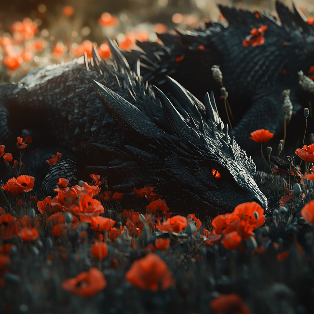 Sleeping black dragon in meadow with poppies, sunlight.