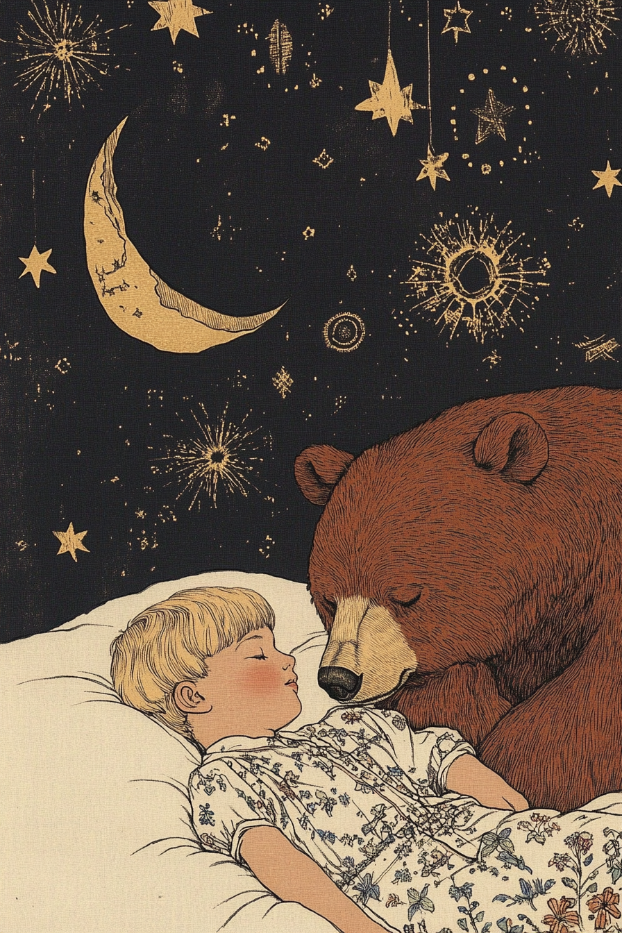 Sleeping boy and bear Slavic art style