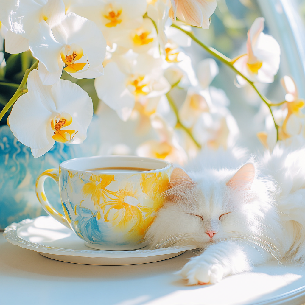 Sleepy cat by colorful coffee cup and flowers