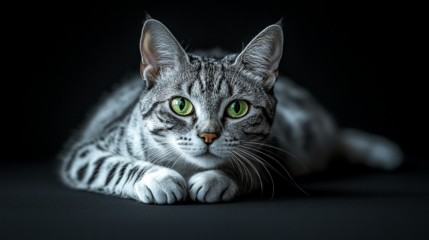 Slender domestic cat with beautiful green eyes, spotted fur.