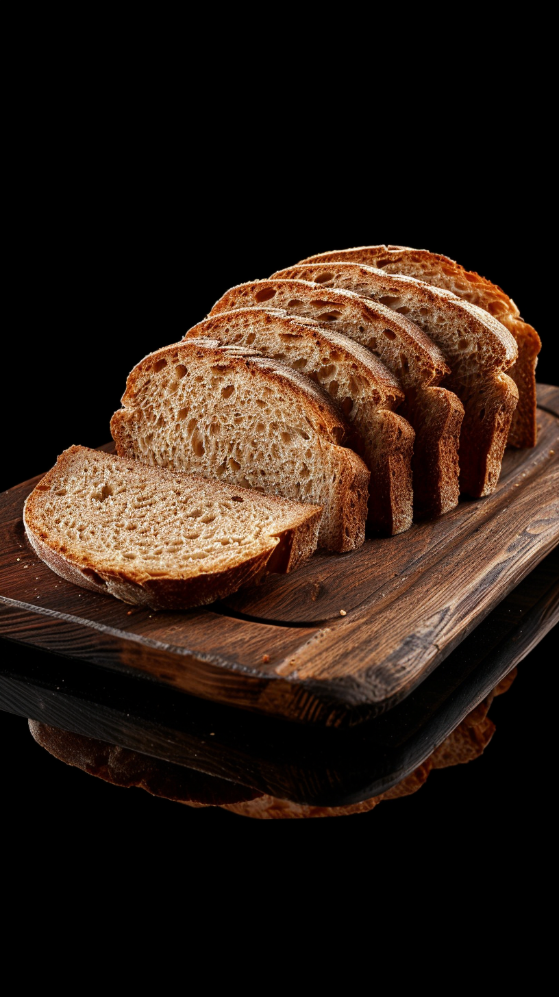 Sliced sourdough bread on wooden board, dark background