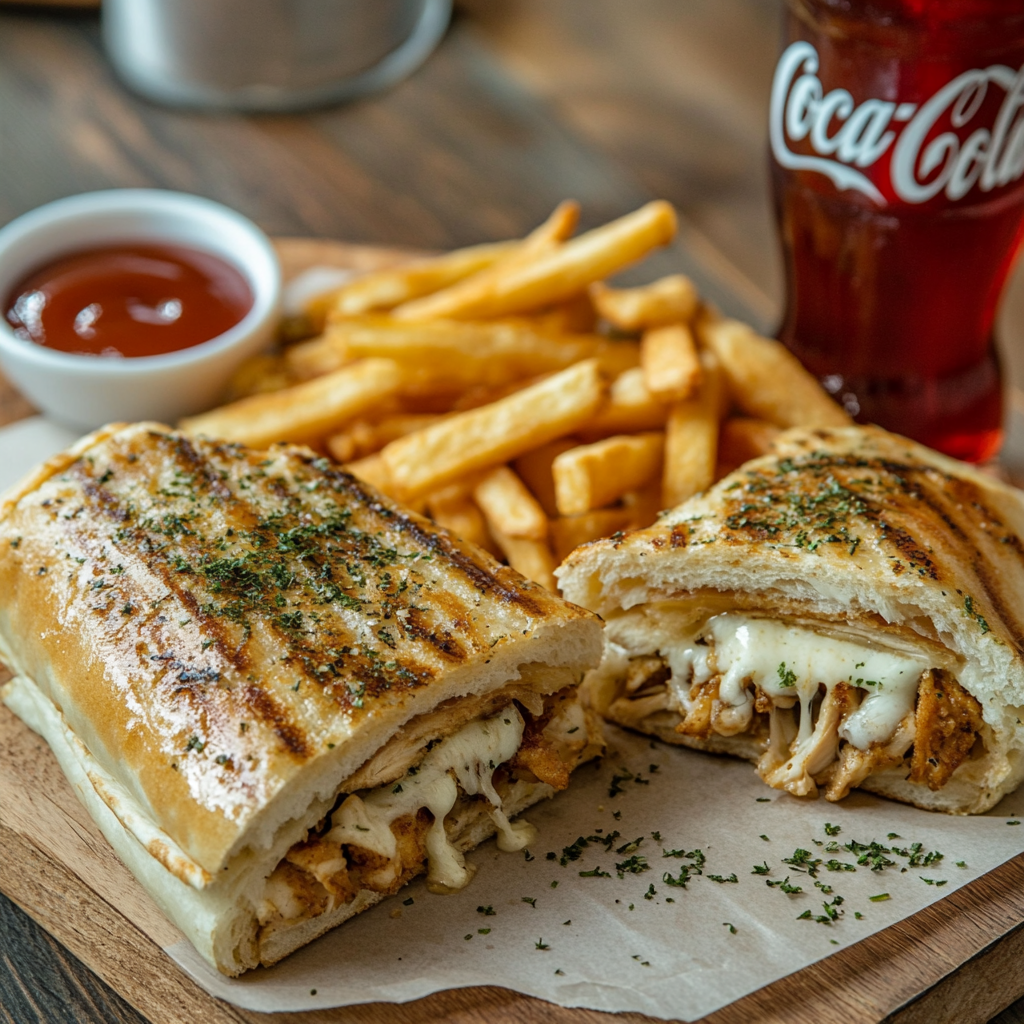 Sliced tacos sandwich with fries and Coca-Cola drink.